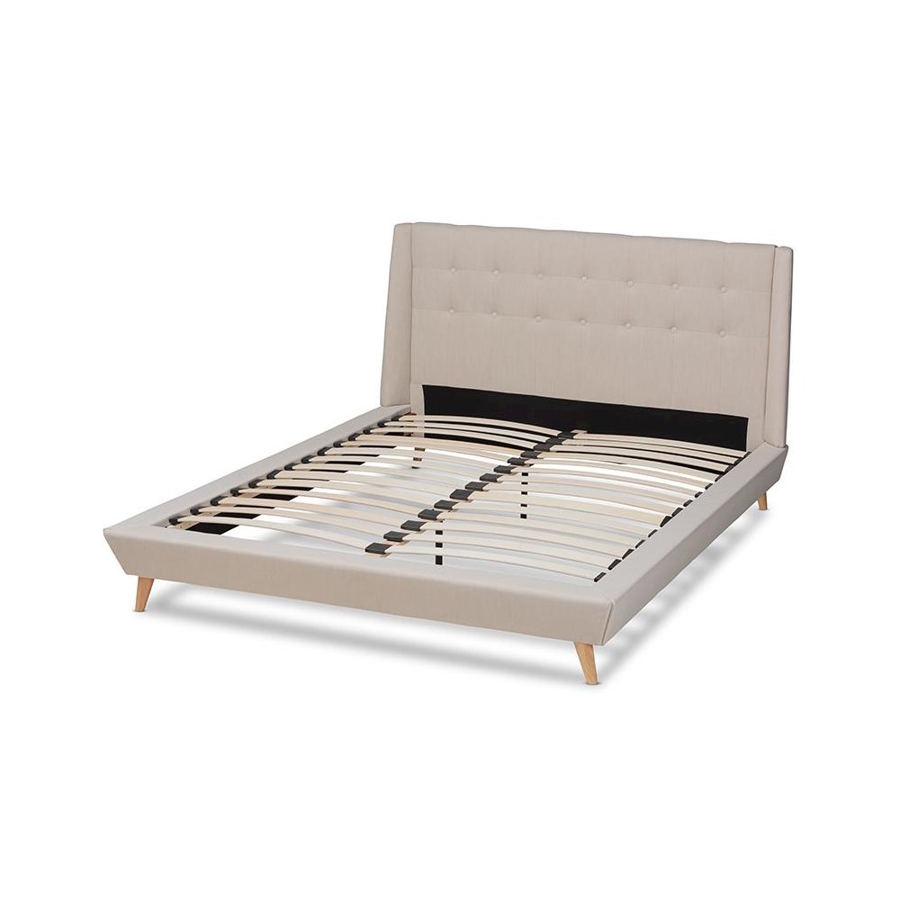 Naya Mid-Century Modern Beige Fabric Upholstered King Size Wingback Platform Bed