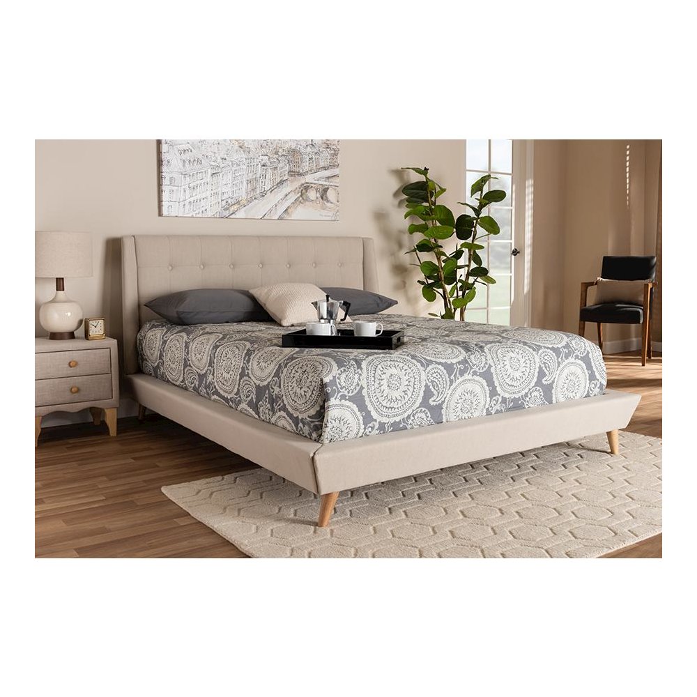 Naya Mid-Century Modern Beige Fabric Upholstered King Size Wingback Platform Bed
