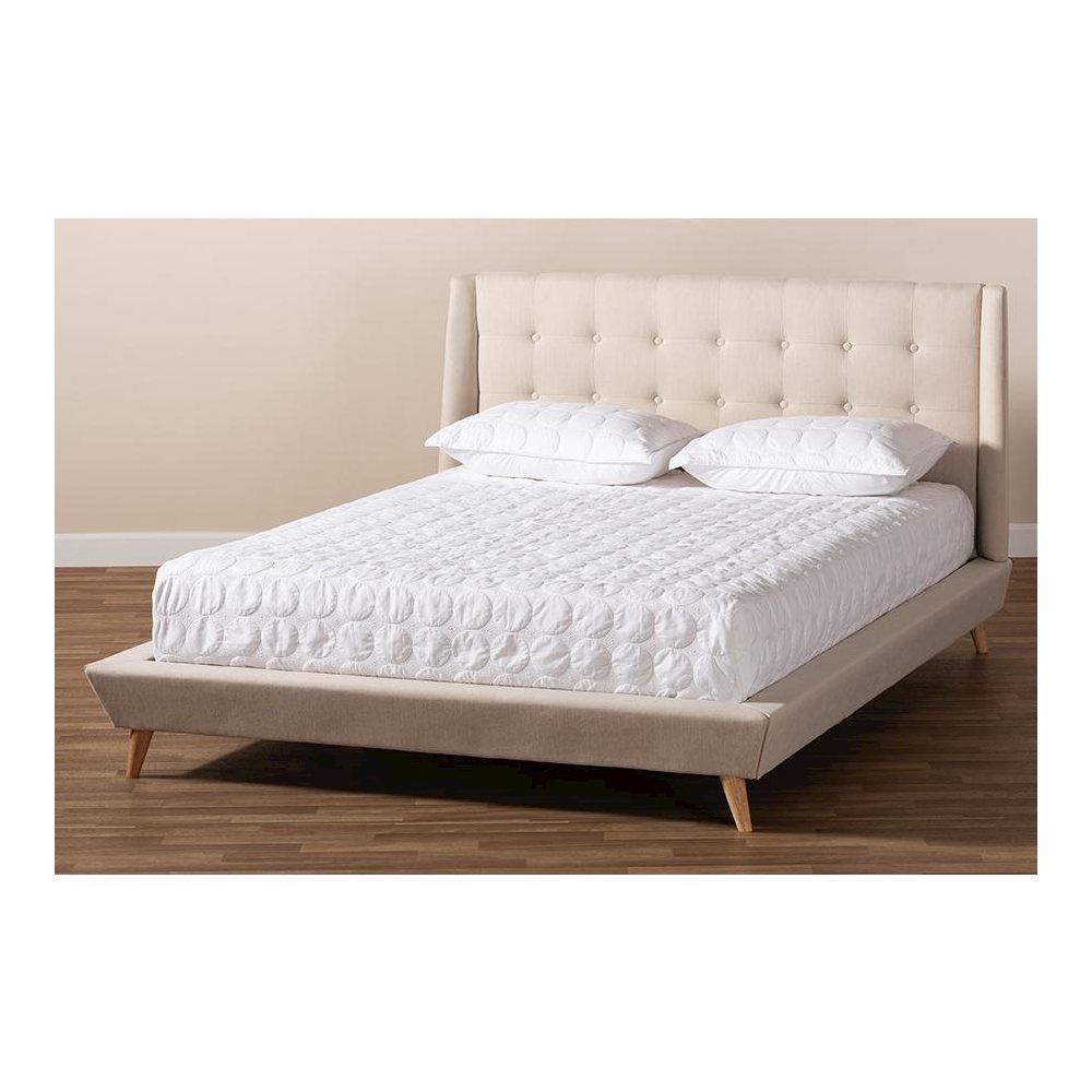 Naya Mid-Century Modern Beige Fabric Upholstered King Size Wingback Platform Bed