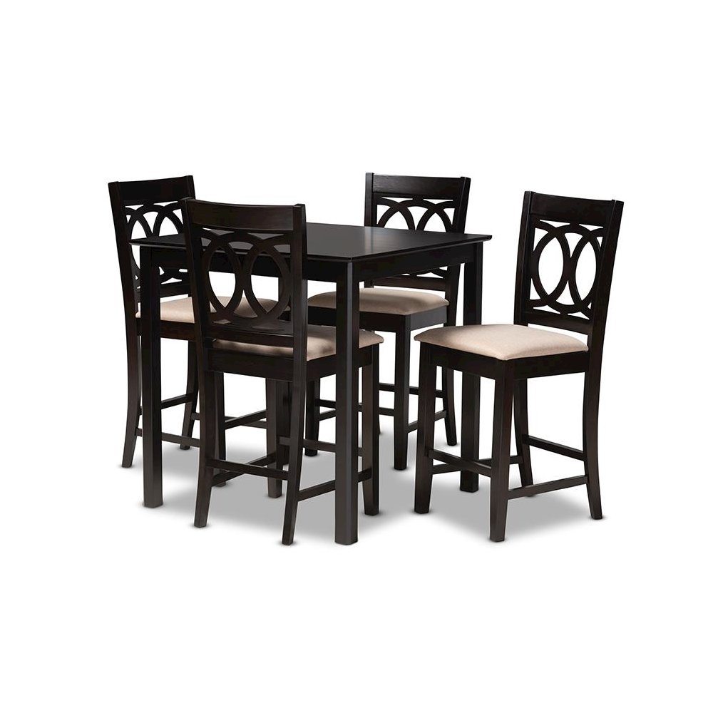 Sand Fabric Upholstered Espresso Brown Finished 5-Piece Wood Pub Set