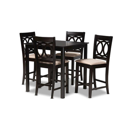 Sand Fabric Upholstered Espresso Brown Finished 5-Piece Wood Pub Set