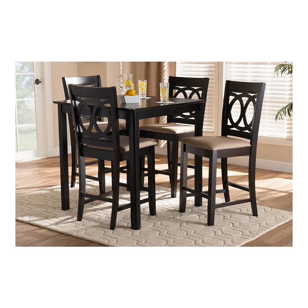Sand Fabric Upholstered Espresso Brown Finished 5-Piece Wood Pub Set