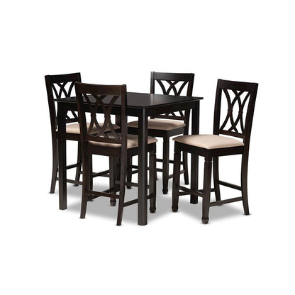 Sand Fabric Upholstered Espresso Brown Finished 5-Piece Wood Pub Set