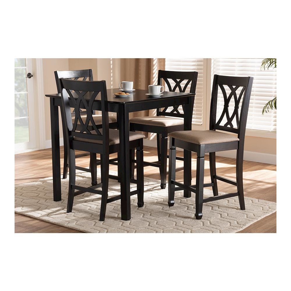 Sand Fabric Upholstered Espresso Brown Finished 5-Piece Wood Pub Set