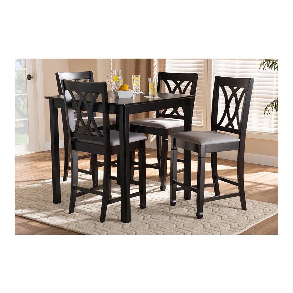 Gray Fabric Upholstered Espresso Brown Finished 5-Piece Wood Pub Set