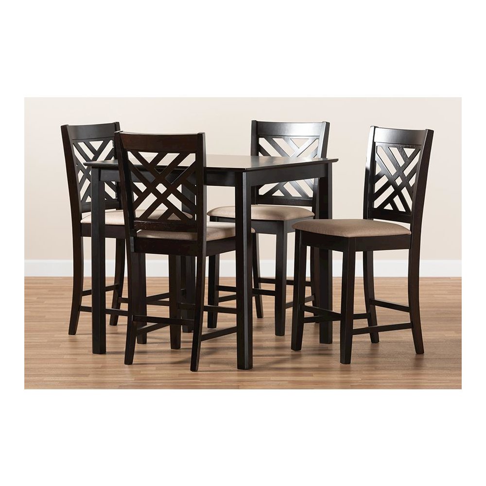 Sand Fabric Upholstered Espresso Brown Finished 5-Piece Wood Pub Set