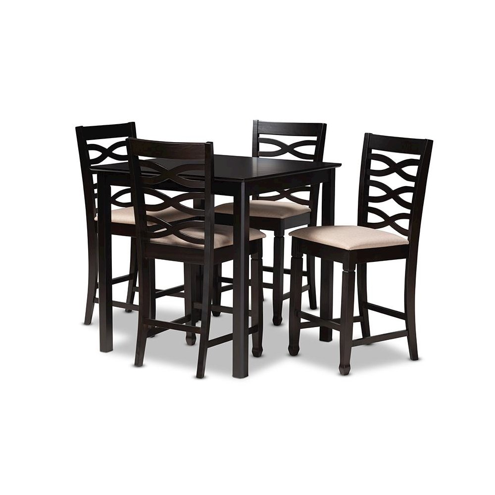 Sand Fabric Upholstered Espresso Brown Finished 5-Piece Wood Pub Set