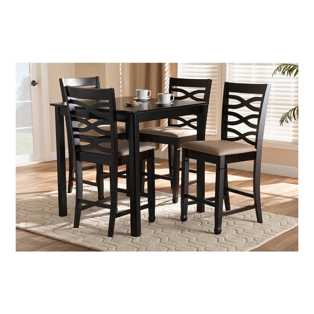 Sand Fabric Upholstered Espresso Brown Finished 5-Piece Wood Pub Set