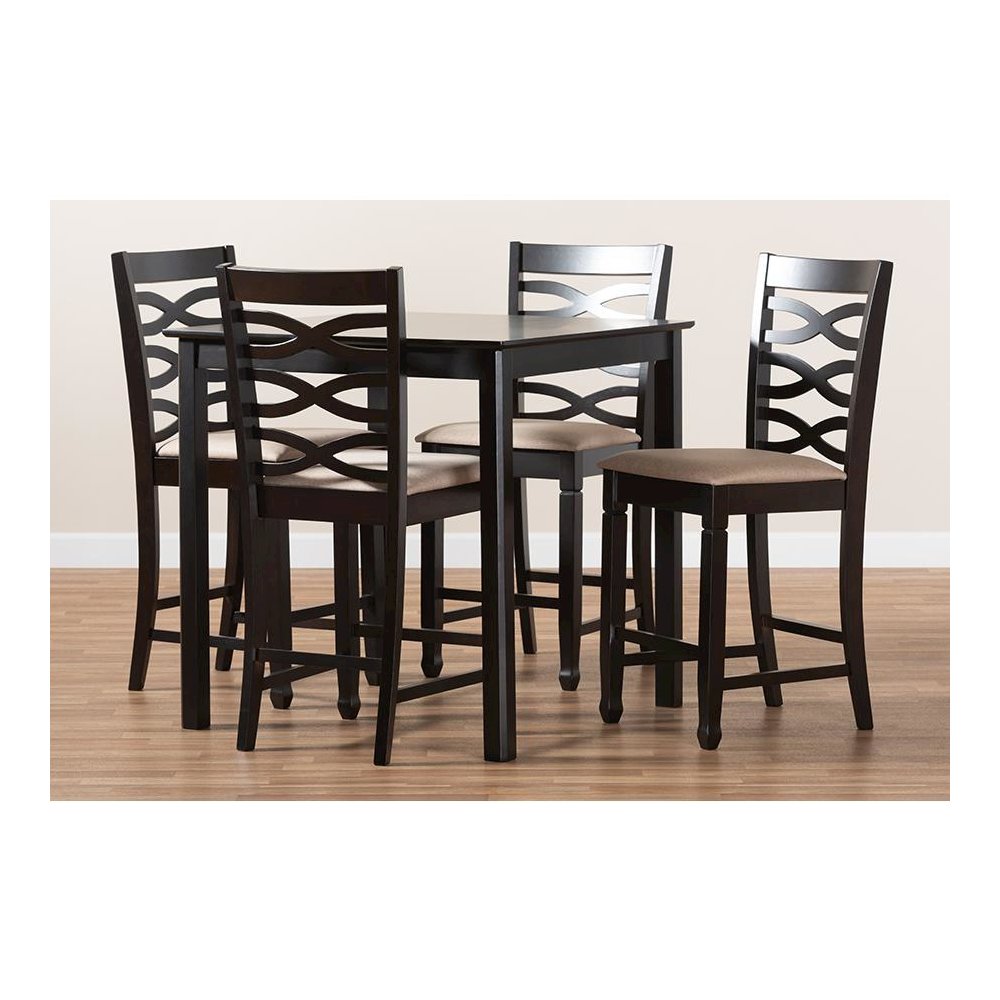 Sand Fabric Upholstered Espresso Brown Finished 5-Piece Wood Pub Set