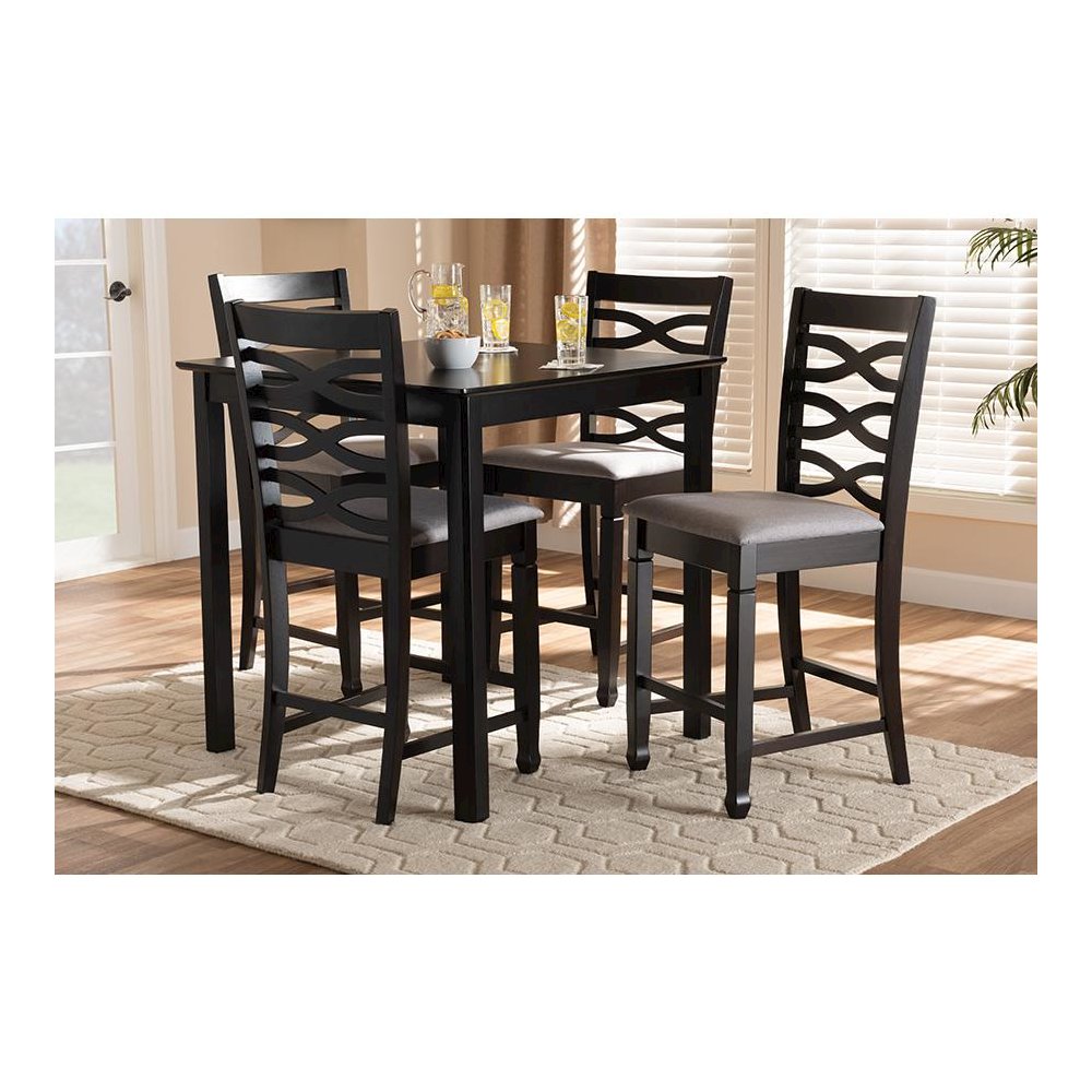 Gray Fabric Upholstered Espresso Brown Finished 5-Piece Wood Pub Set