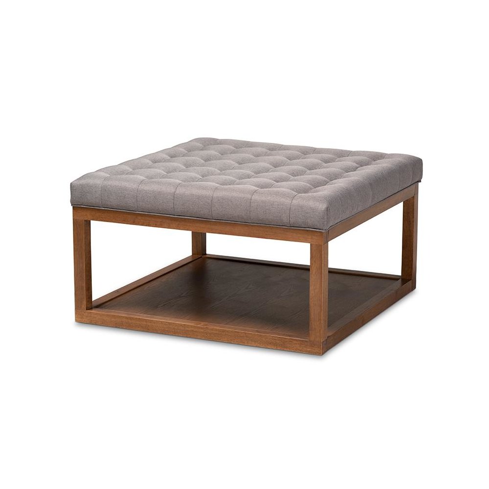 Grey Fabric Upholstered Walnut Finished Cocktail Ottoman