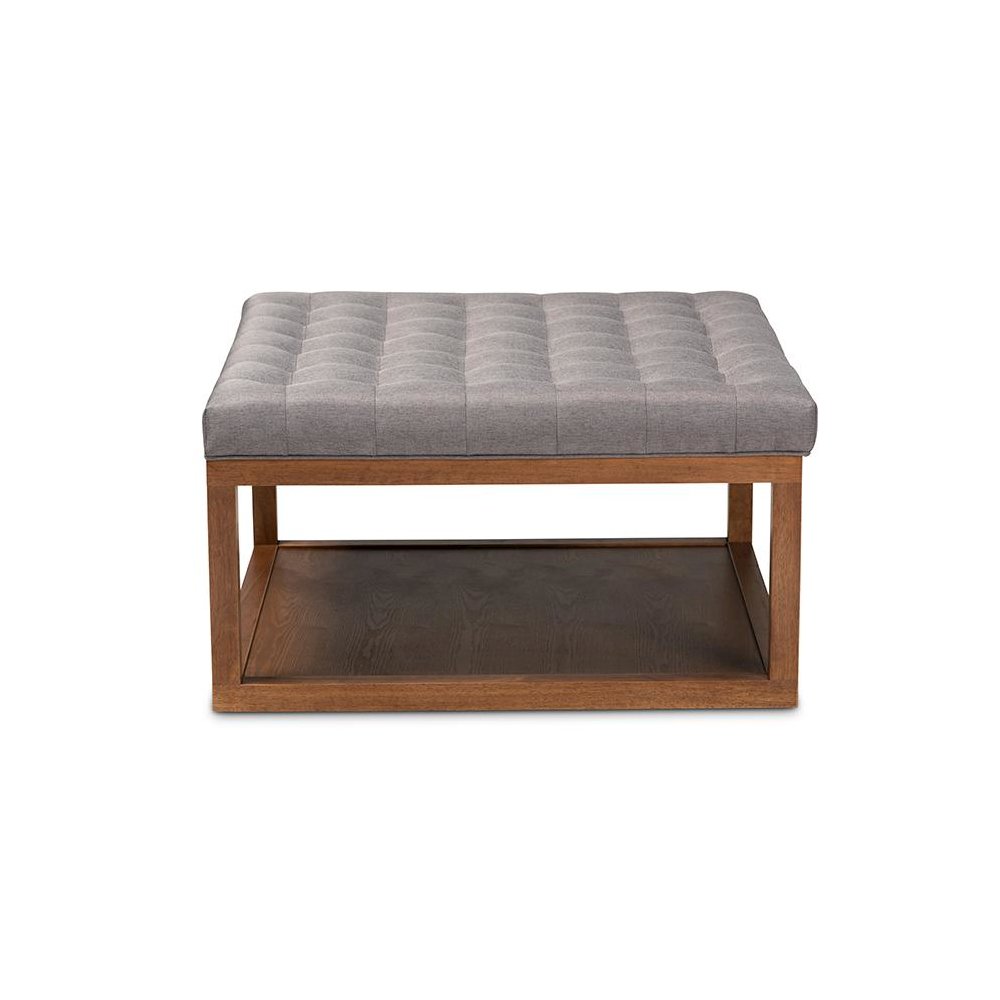 Grey Fabric Upholstered Walnut Finished Cocktail Ottoman