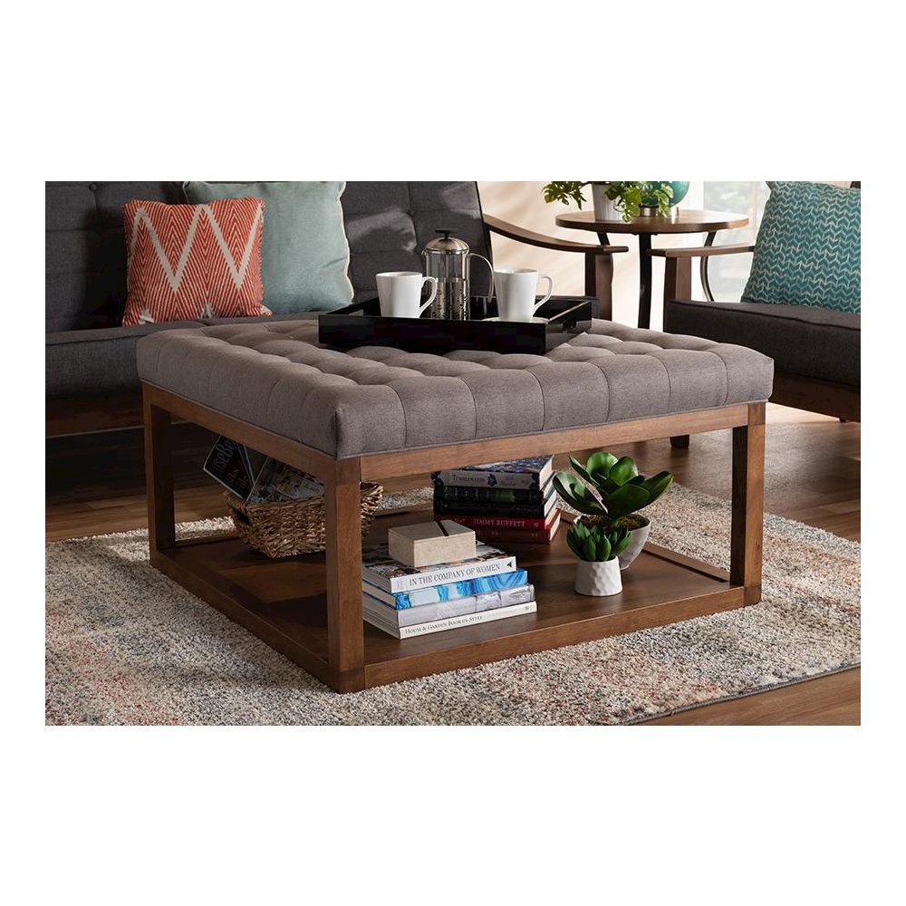 Grey Fabric Upholstered Walnut Finished Cocktail Ottoman