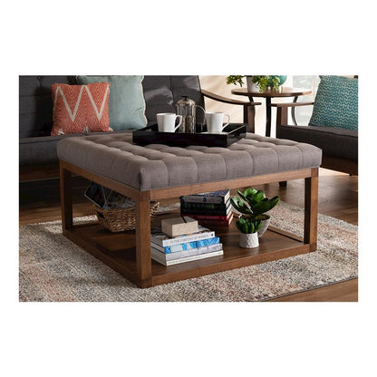 Grey Fabric Upholstered Walnut Finished Cocktail Ottoman