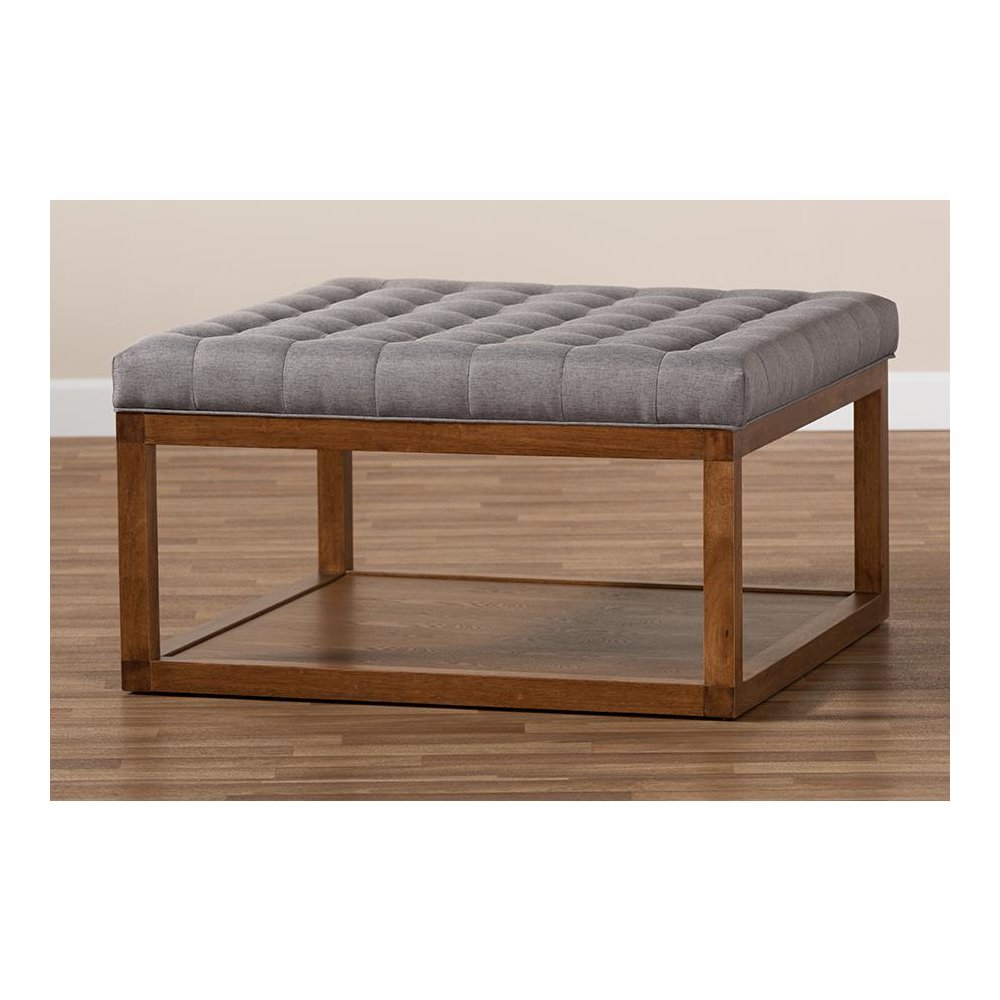 Grey Fabric Upholstered Walnut Finished Cocktail Ottoman