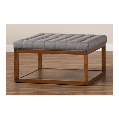 Grey Fabric Upholstered Walnut Finished Cocktail Ottoman