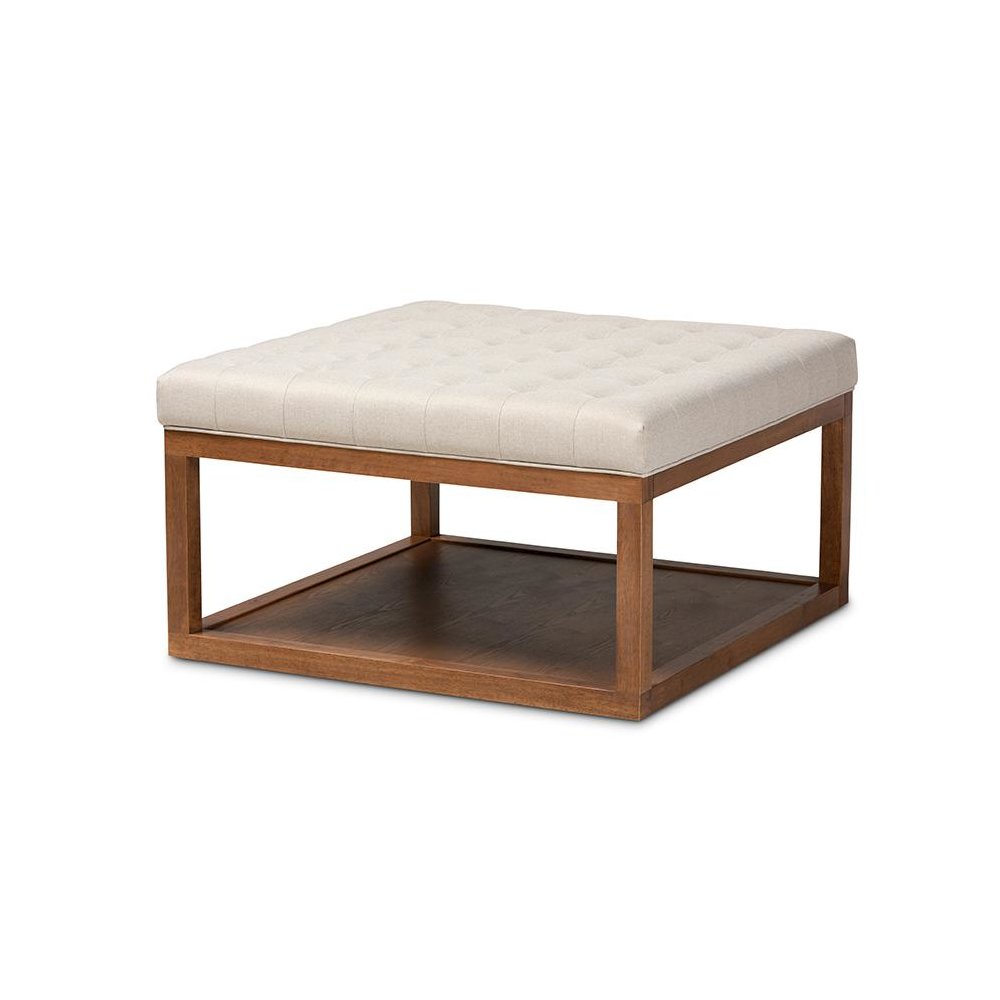 Beige Fabric Upholstered Walnut Finished Cocktail Ottoman
