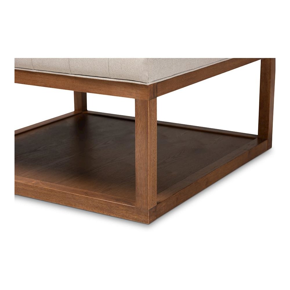 Beige Fabric Upholstered Walnut Finished Cocktail Ottoman