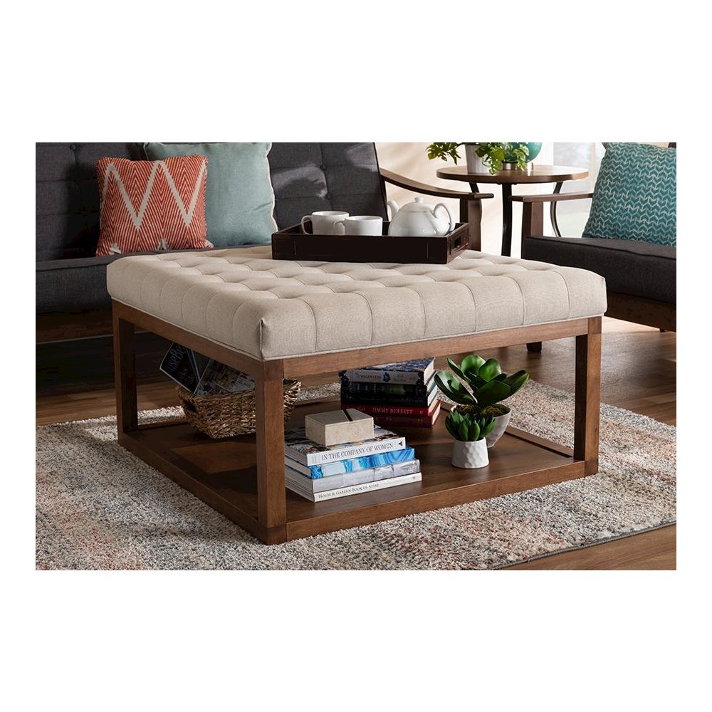 Beige Fabric Upholstered Walnut Finished Cocktail Ottoman
