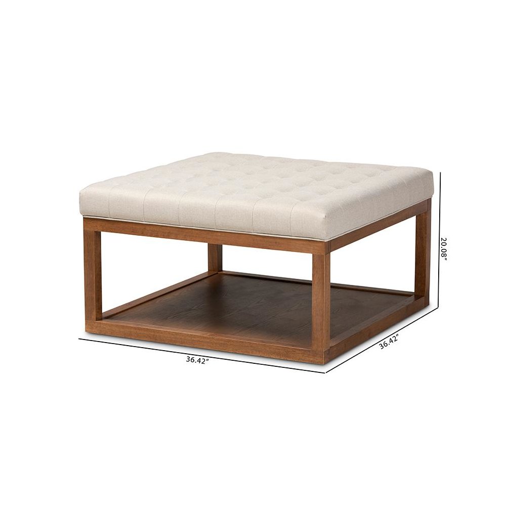 Beige Fabric Upholstered Walnut Finished Cocktail Ottoman