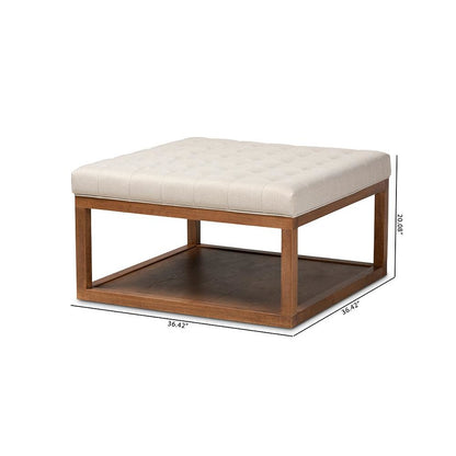 Beige Fabric Upholstered Walnut Finished Cocktail Ottoman
