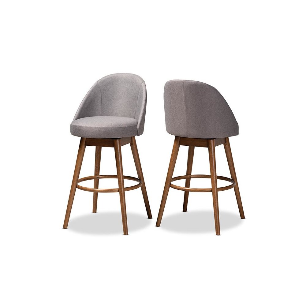 Grey Fabric Upholstered Walnut-Finished Wood Swivel Bar Stool Set of 2