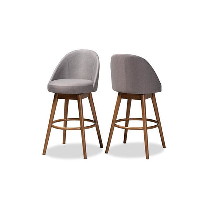 Grey Fabric Upholstered Walnut-Finished Wood Swivel Bar Stool Set of 2