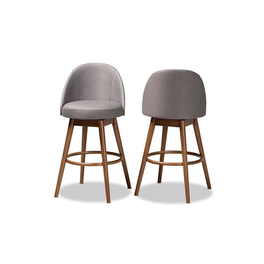 Grey Fabric Upholstered Walnut-Finished Wood Swivel Bar Stool Set of 2