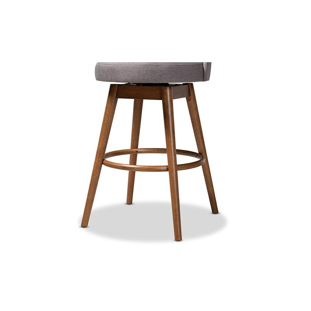 Grey Fabric Upholstered Walnut-Finished Wood Swivel Bar Stool Set of 2