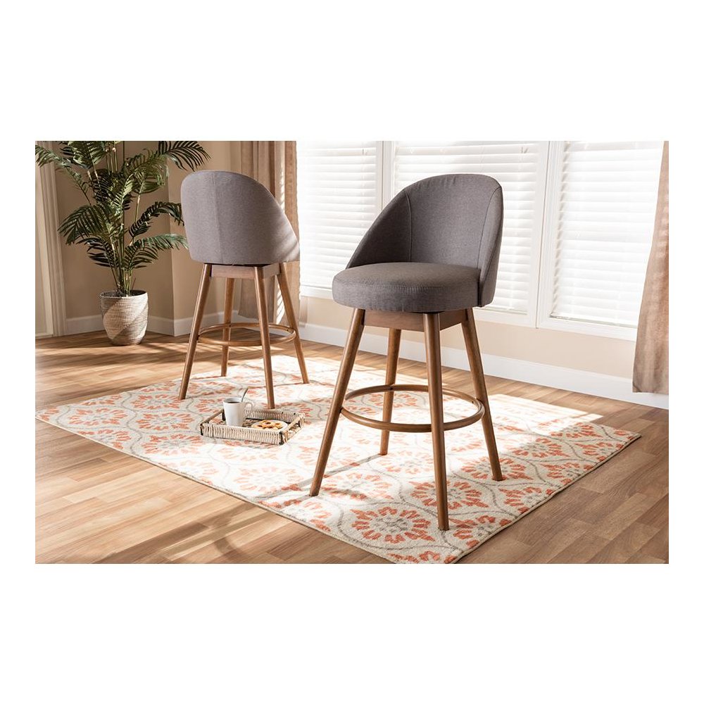 Grey Fabric Upholstered Walnut-Finished Wood Swivel Bar Stool Set of 2