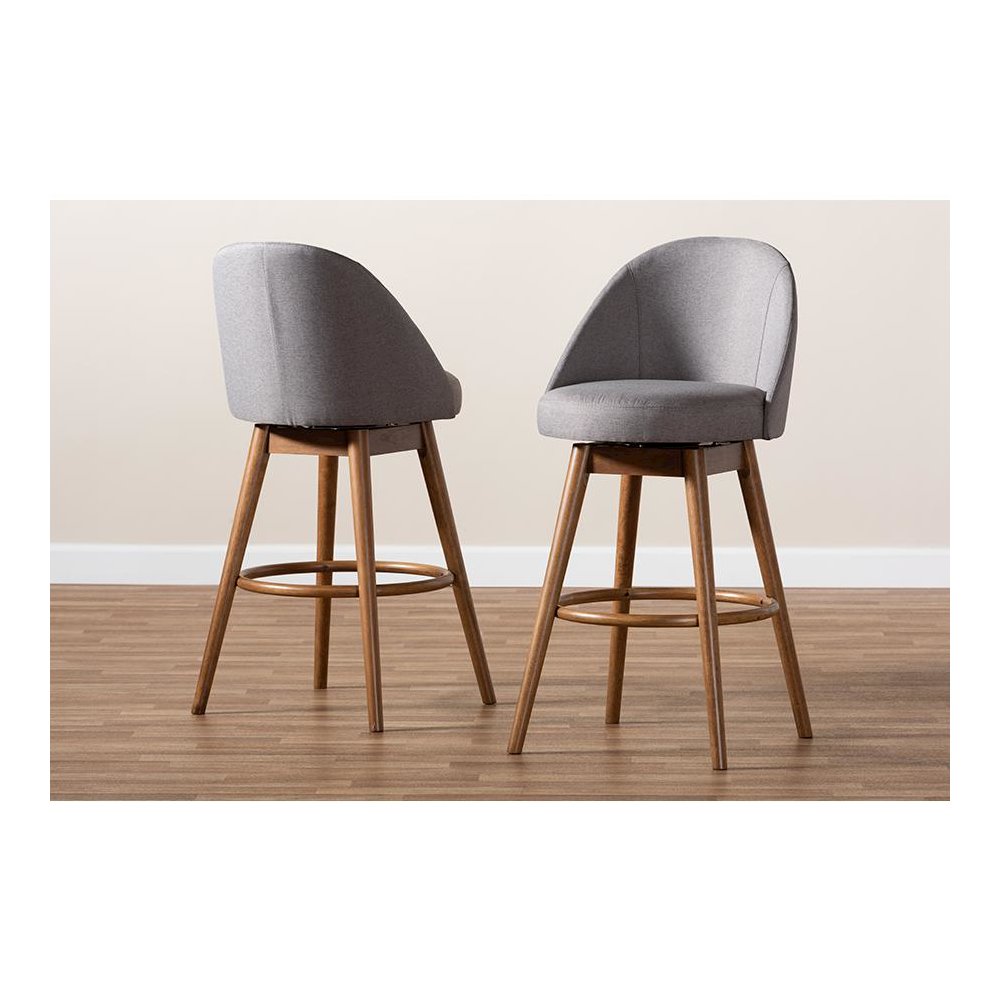 Grey Fabric Upholstered Walnut-Finished Wood Swivel Bar Stool Set of 2