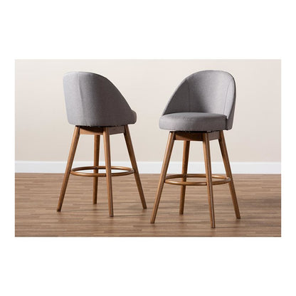 Grey Fabric Upholstered Walnut-Finished Wood Swivel Bar Stool Set of 2