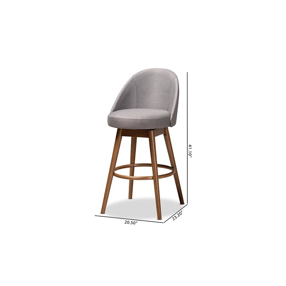 Grey Fabric Upholstered Walnut-Finished Wood Swivel Bar Stool Set of 2