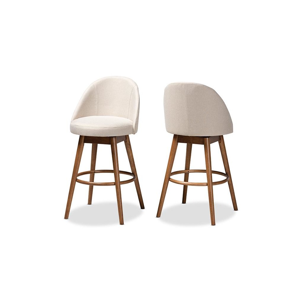 Light Beige Fabric Upholstered Walnut-Finished Wood 2-Piece Swivel Bar Stool Set