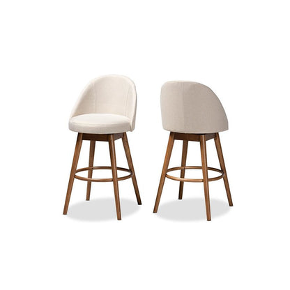 Light Beige Fabric Upholstered Walnut-Finished Wood 2-Piece Swivel Bar Stool Set