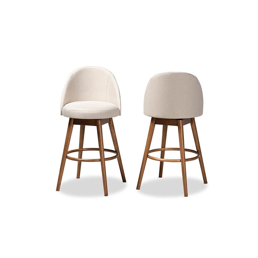 Light Beige Fabric Upholstered Walnut-Finished Wood 2-Piece Swivel Bar Stool Set