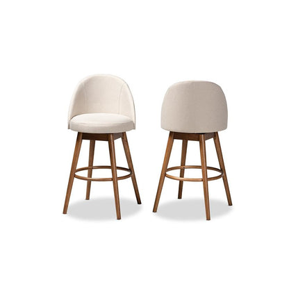 Light Beige Fabric Upholstered Walnut-Finished Wood 2-Piece Swivel Bar Stool Set