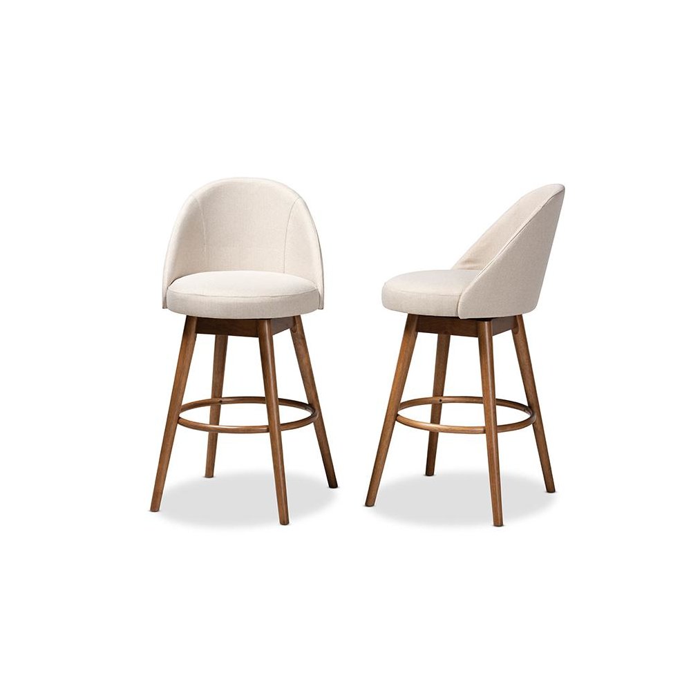 Light Beige Fabric Upholstered Walnut-Finished Wood 2-Piece Swivel Bar Stool Set