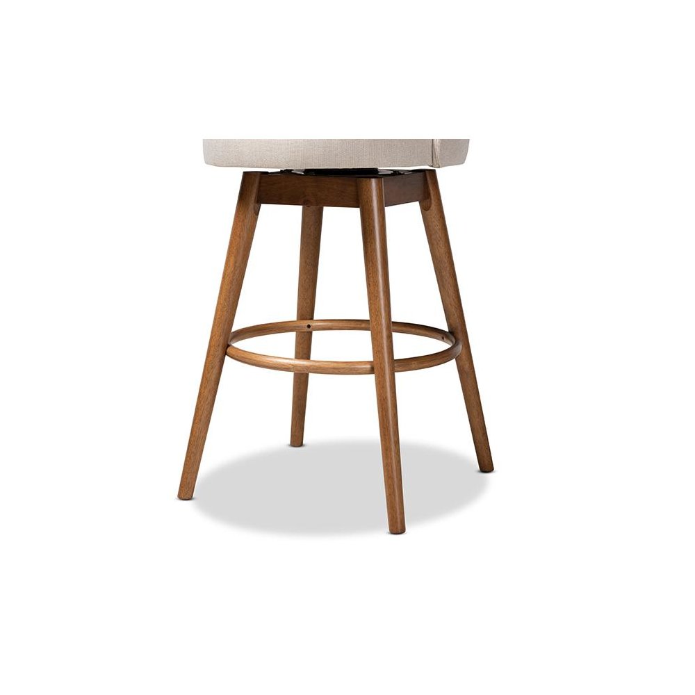 Light Beige Fabric Upholstered Walnut-Finished Wood 2-Piece Swivel Bar Stool Set