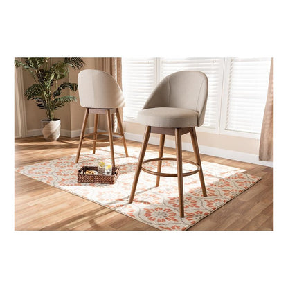 Light Beige Fabric Upholstered Walnut-Finished Wood 2-Piece Swivel Bar Stool Set