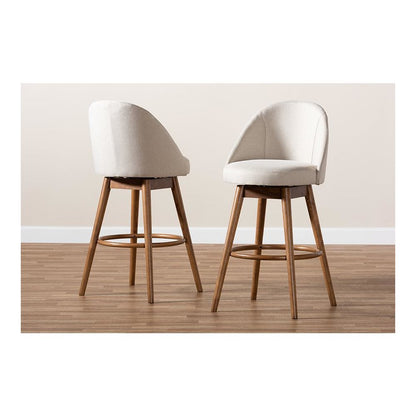 Light Beige Fabric Upholstered Walnut-Finished Wood 2-Piece Swivel Bar Stool Set