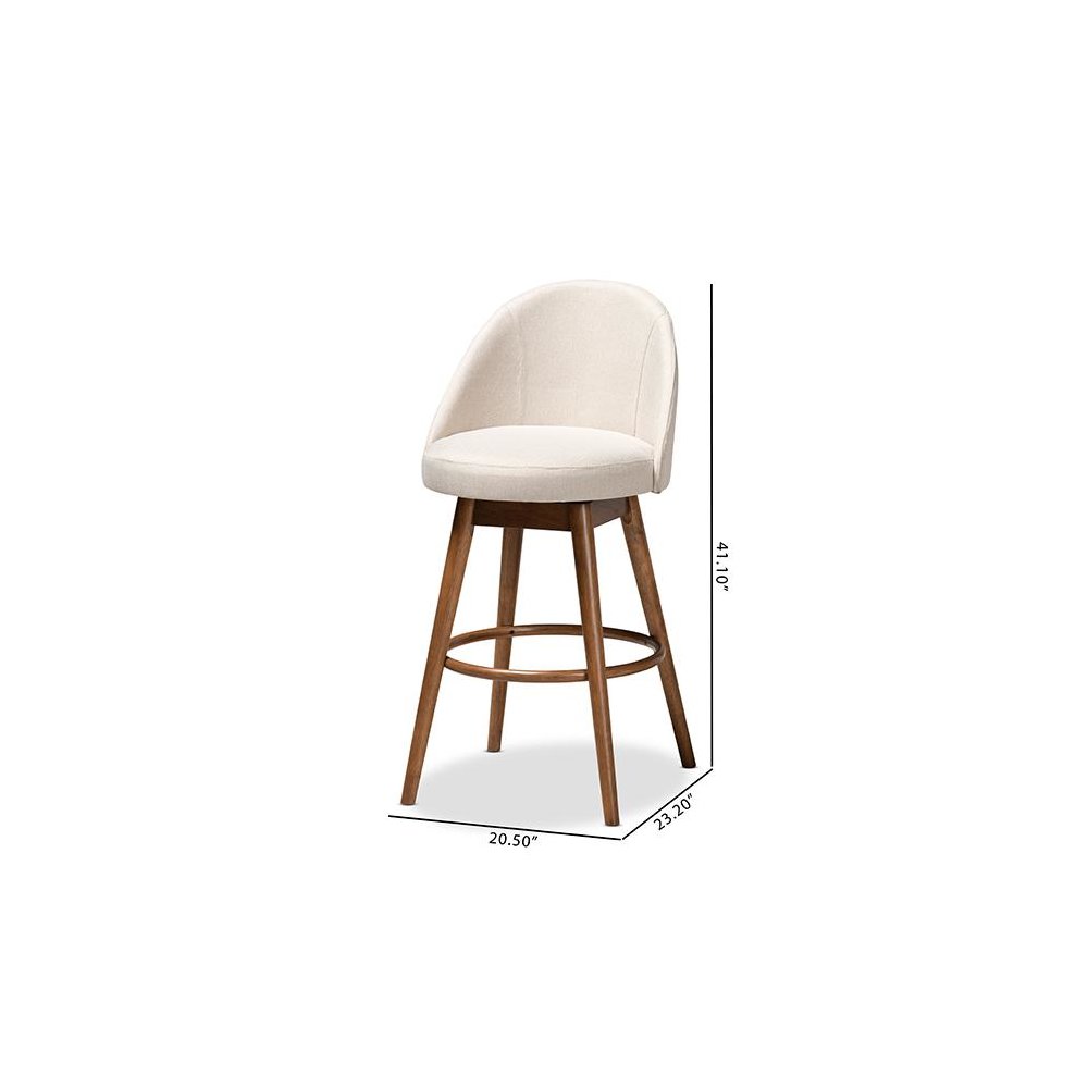 Light Beige Fabric Upholstered Walnut-Finished Wood 2-Piece Swivel Bar Stool Set