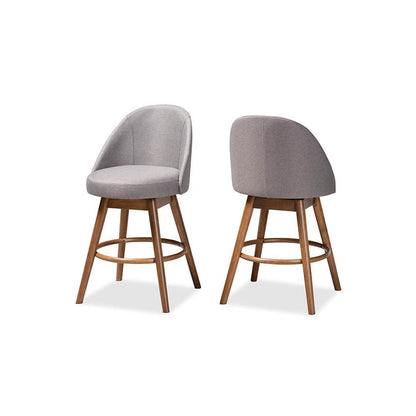 Grey Fabric Upholstered Walnut-Finished Wood Swivel Counter Stool Set of 2