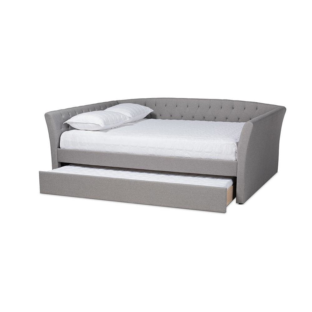 Light Grey Fabric Upholstered Full Size Daybed with Roll-Out Trundle Bed