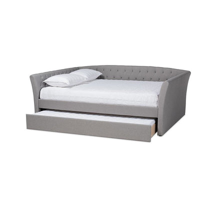 Light Grey Fabric Upholstered Full Size Daybed with Roll-Out Trundle Bed
