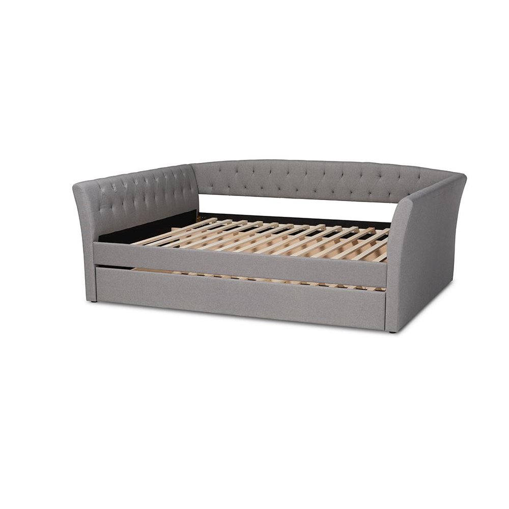 Light Grey Fabric Upholstered Full Size Daybed with Roll-Out Trundle Bed