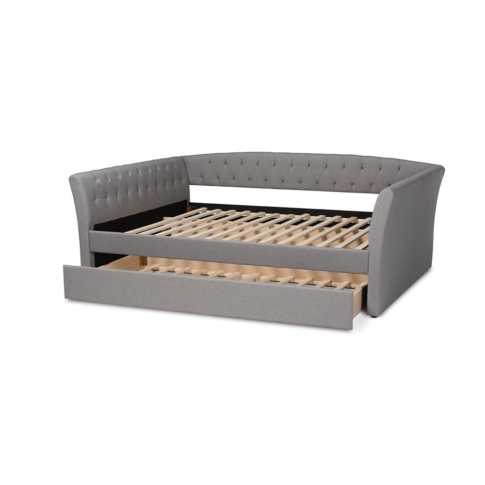 Light Grey Fabric Upholstered Full Size Daybed with Roll-Out Trundle Bed