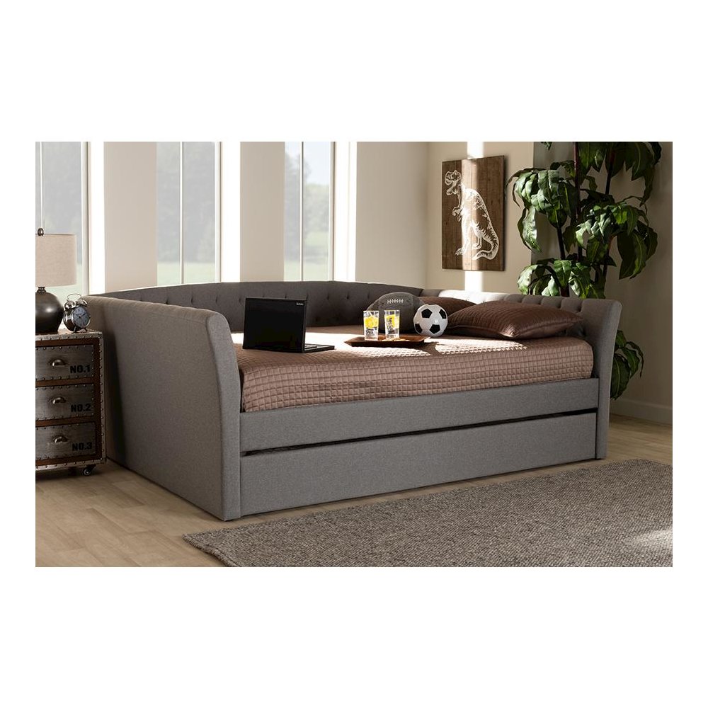 Light Grey Fabric Upholstered Full Size Daybed with Roll-Out Trundle Bed