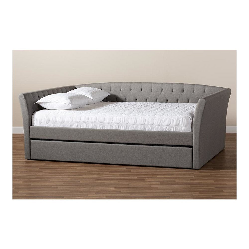 Light Grey Fabric Upholstered Full Size Daybed with Roll-Out Trundle Bed