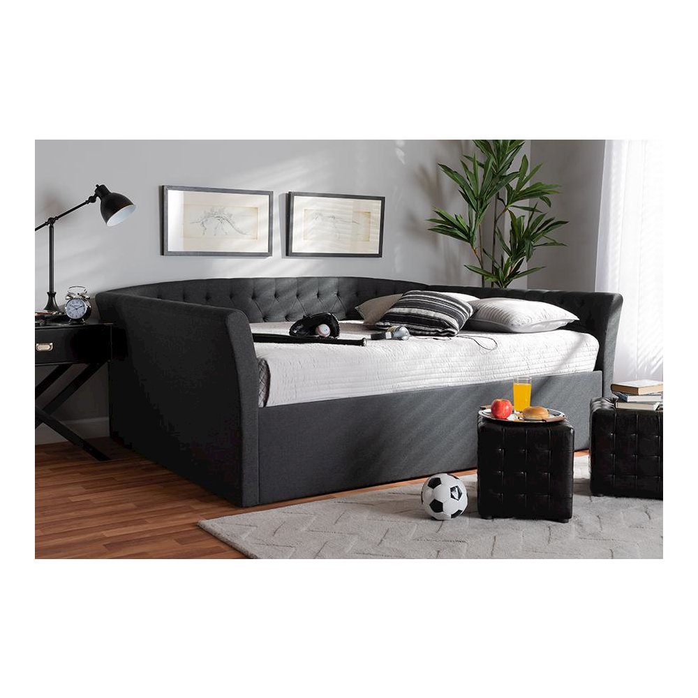 Delora Modern and Contemporary Dark Grey Fabric Upholstered Queen Size Daybed